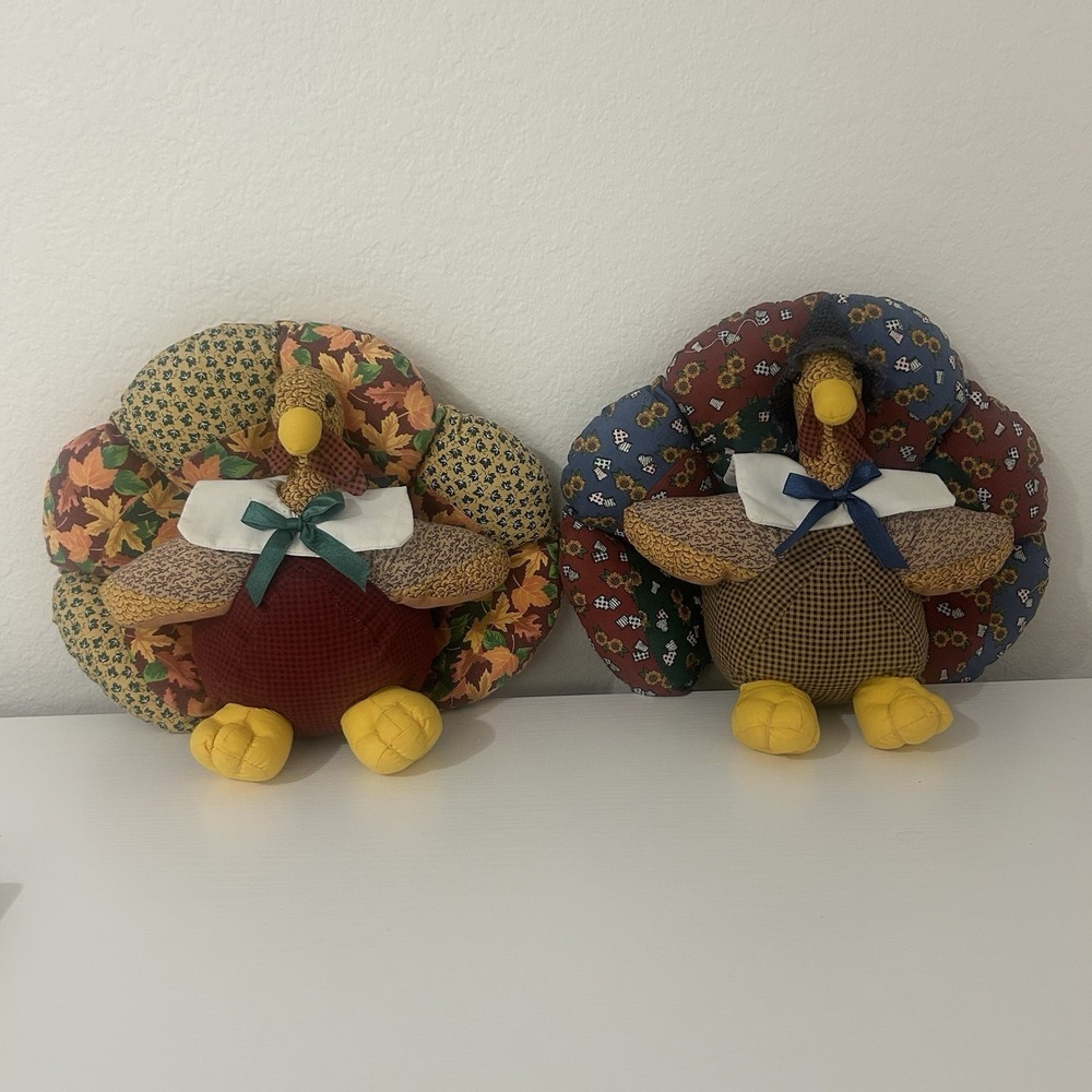 TWO Vintage Thanksgiving Patchwork Quilt Turkey Plush Centerpiece Folk Art